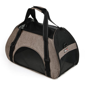 Small dog carrier bag with ventilated mesh sides and door, beige