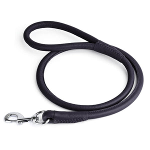 Black leather dog leash with metal swivel clip, rolled design, 1/2 inches wide