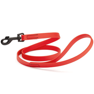 Cherry red dog leash with black swivel clip, made from waterproof Biothane, 6 feet long, 3/4 or 5/8 inches wide
