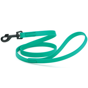 Teal dog leash with black swivel clip, made from waterproof Biothane, 6 feet long, 3/4 or 5/8 inches wide