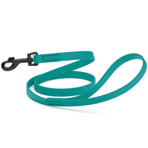 Aqua blue dog leash with black swivel clip, made from waterproof Biothane, 6 feet long, 3/4 or 5/8 inches wide