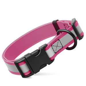Pink reflective dog collar with plastic quick release buckle, made from waterproof Biothane, 1 inch wide
