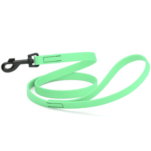 Seafoam green dog leash with black swivel clip, made from waterproof Biothane, 6 feet long, 3/4 or 5/8 inches wide