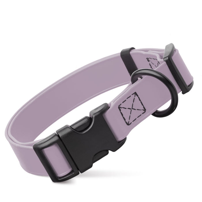 Pastel Purple dog collar with black quick release buckle and metal D-ring, adjustable, 3/4- or 1-inch wide, made from waterproof Biothane