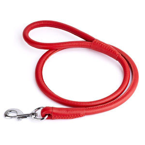 Red leather dog leash with metal swivel clip, rolled design, 1/2 inches wide
