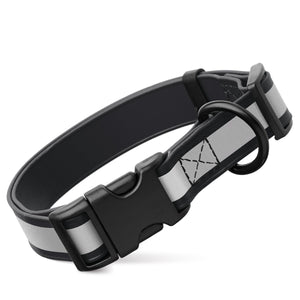 Black reflective dog collar with plastic quick release buckle, made from waterproof Biothane, 1 inch wide