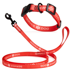 Biothane service dog collar and leash, red with white lettering