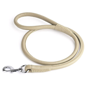 Beige leather dog leash with metal swivel clip, rolled design, 1/2 inches wide