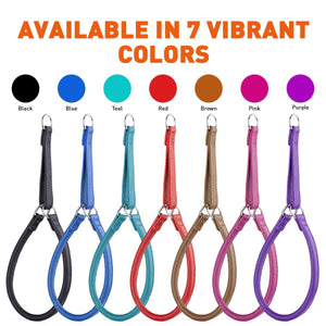 Round leather martingale collars for dogs with metal hardware, 7 colors available