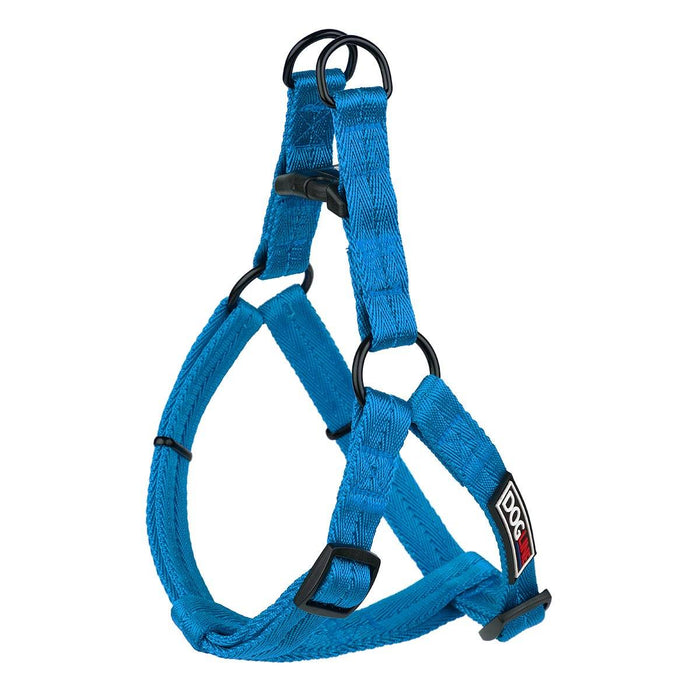 Blue nylon dog harness with quick release buckle and metal rings, flat step-in design