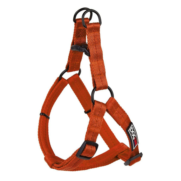 Orange nylon dog harness with quick release buckle and metal rings, flat step-in design