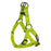 Lime green nylon dog harness with quick release buckle and metal rings, flat step-in design