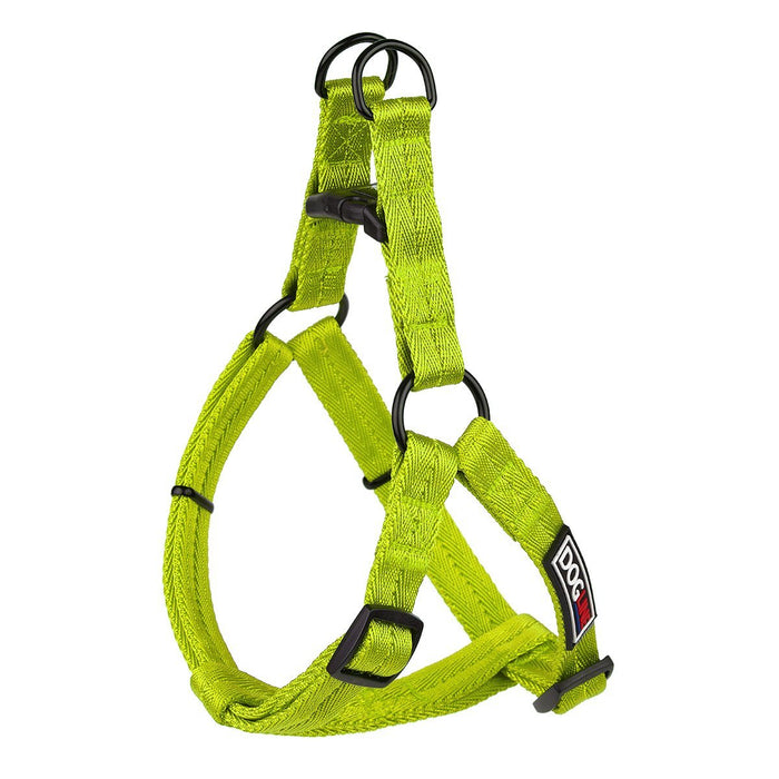 Lime green nylon dog harness with quick release buckle and metal rings, flat step-in design