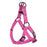 Pink nylon dog harness with quick release buckle and metal rings, flat step-in design