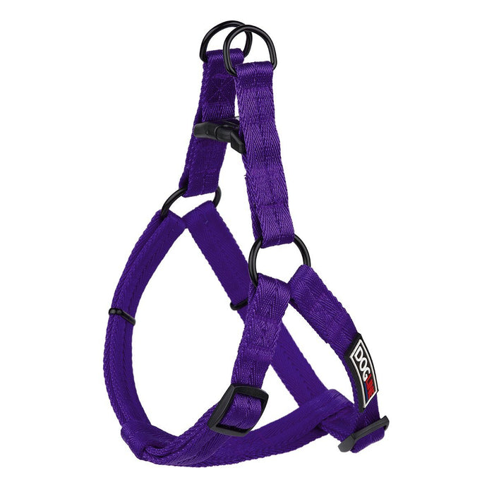 Purple nylon dog harness with quick release buckle and metal rings, flat step-in design