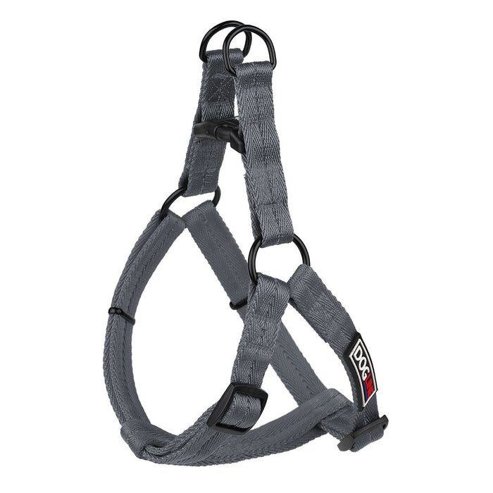 Gray nylon dog harness with quick release buckle and metal rings, flat step-in design