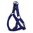 Navy blue nylon dog harness with quick release buckle and metal rings, flat step-in design