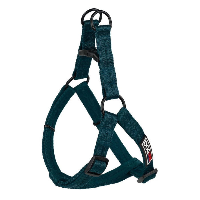Teal nylon dog harness with quick release buckle and metal rings, flat step-in design