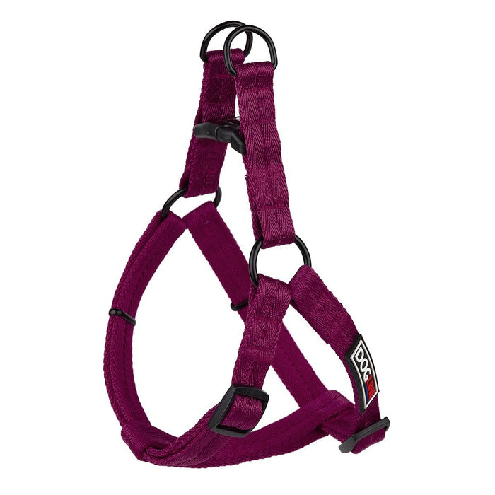 Burgundy nylon dog harness with quick release buckle and metal rings, flat step-in design