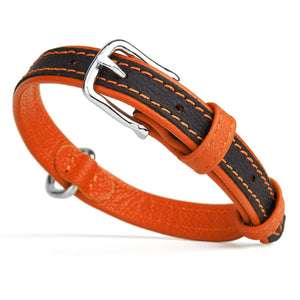 Black and orange leather dog collar with metal buckle and D-ring