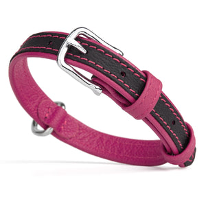 Black and pink leather dog collar with metal buckle and D-ring