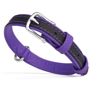 Black and purple leather dog collar with metal buckle and D-ring