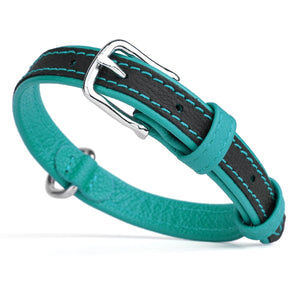 Black and teal leather dog collar with metal buckle and D-ring