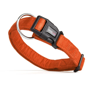 Orange dog collar with quick release buckle and metal ring, made from soft microfiber, 3/4- and 1-inch wide