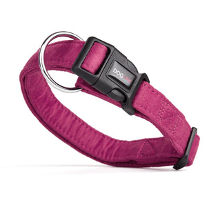 Pink dog collar with quick release buckle and metal ring, made from soft microfiber, 3/4- and 1-inch wide