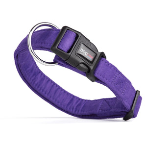Purple dog collar with quick release buckle and metal ring, made from soft microfiber, 3/4- and 1-inch wide