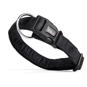 Black dog collar with quick release buckle and metal ring, made from soft microfiber, 3/4- and 1-inch wide