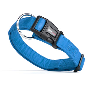 Blue dog collar with quick release buckle and metal ring, made from soft microfiber, 3/4- and 1-inch wide