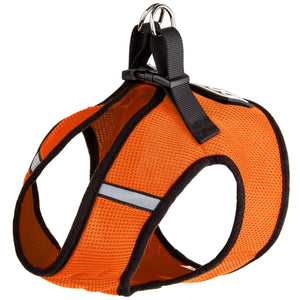 Orange dog harness with plastic quick release buckle and built-in loop backing for patches, made from mesh nylon