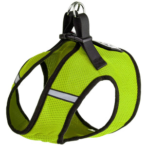 Lime green dog harness with plastic quick release buckle and built-in loop backing for patches, made from mesh nylon