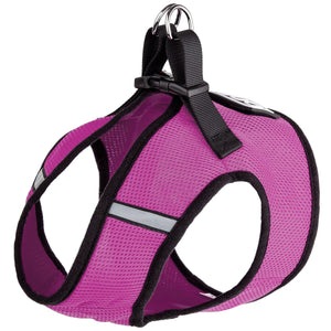 Pink dog harness with plastic quick release buckle and built-in loop backing for patches, made from mesh nylon
