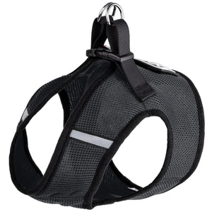 Black dog harness with plastic quick release buckle and built-in loop backing for patches, made from mesh nylon