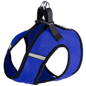 Blue dog harness with plastic quick release buckle and built-in loop backing for patches, made from mesh nylon