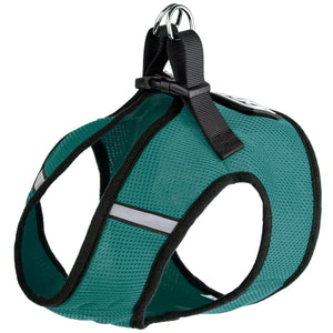 Teal dog harness with plastic quick release buckle and built-in loop backing for patches, made from mesh nylon