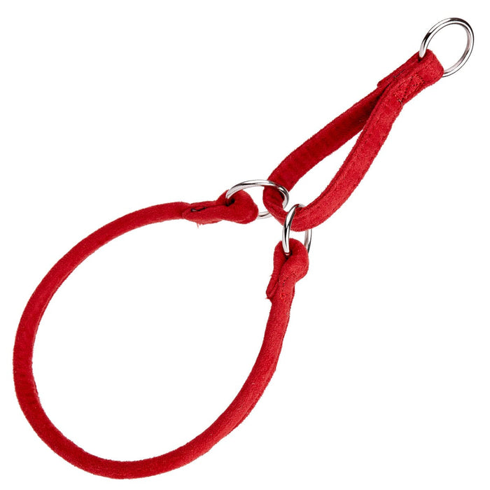 Red martingale dog collar with metal rings, round design, made from microfiber