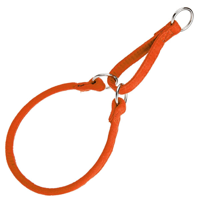 Orange martingale dog collar with metal rings, round design, made from microfiber