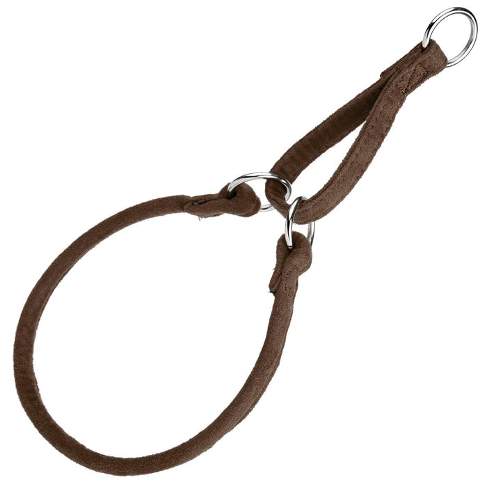 Brown martingale dog collar with metal rings, round design, made from microfiber