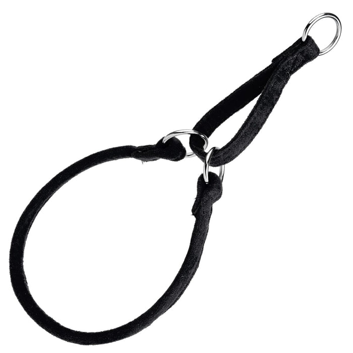 Black martingale dog collar with metal rings, round design, made from microfiber