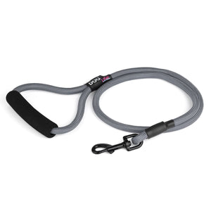 Gray nylon dog leash with black snap hook and padded neoprene handle, round rope design, 4 ft long