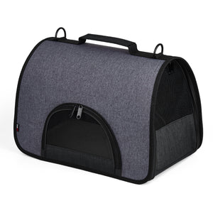 Black pet carrier for small dogs and cats with mesh screens, collapsible design