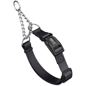 Black martingale dog collar with black quick release buckle, made from waterproof Biothane