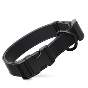 Black dog collar with black quick release buckle and metal D-ring, adjustable, 3/4- or 1-inch wide, made from waterproof Biothane
