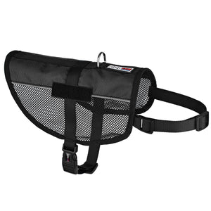 Black dog harness with adjustable belly and chest straps, two fasteners for patches, made from lightweight mesh material