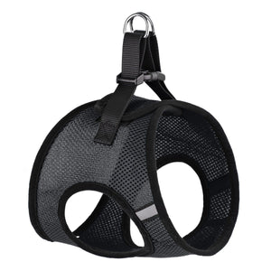 Black dog harness with quick release buckle and reflective strips, made from breathable nylon mesh