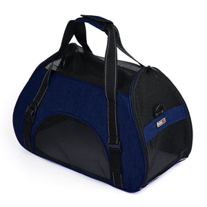Small dog carrier bag with ventilated mesh sides and door, blue