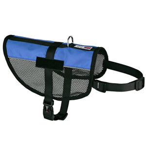 Blue dog harness with adjustable belly and chest straps, two fasteners for patches, made from lightweight mesh material